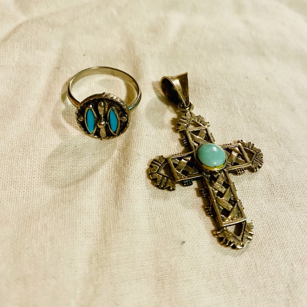 Vintage Turquoise Ring and Cross Pendant